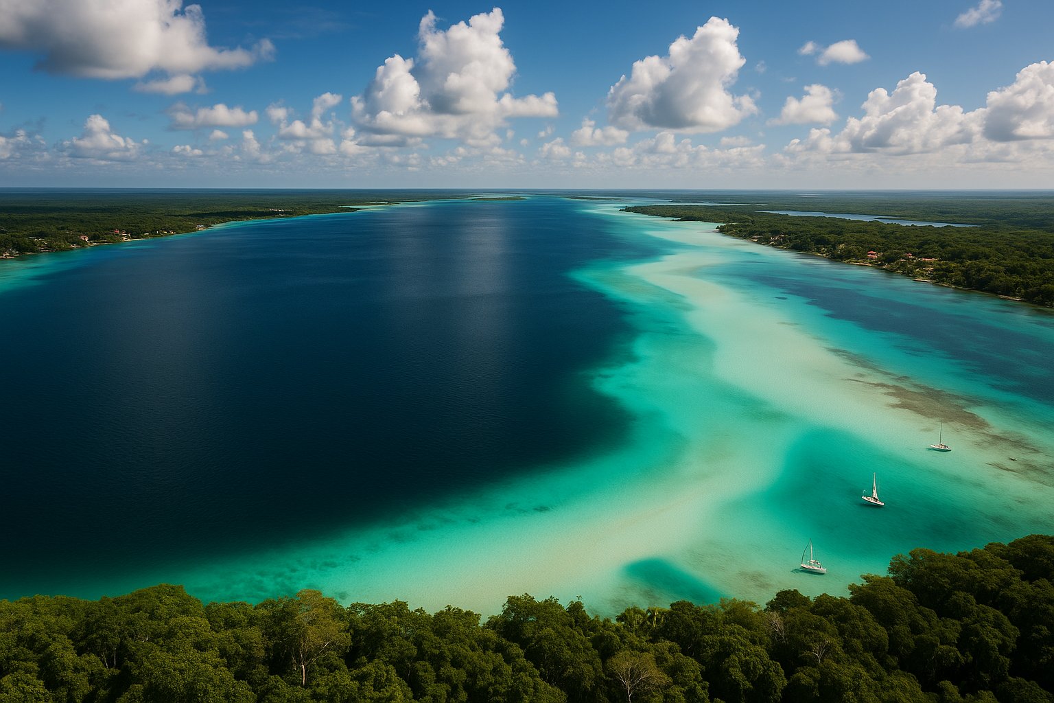 Vista aérea de la Laguna de los 7 Colores con sus gradientes turquesa.