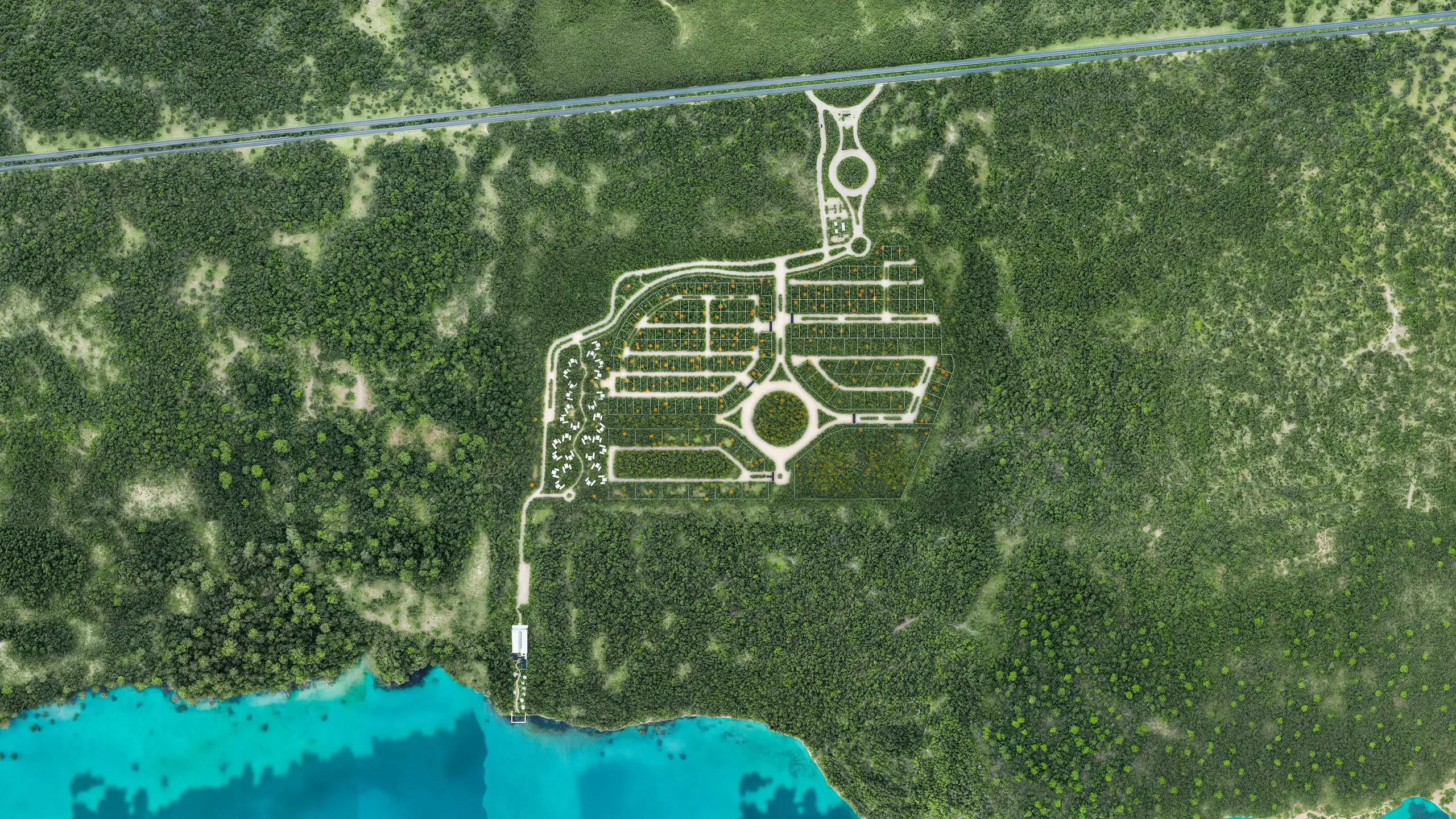 Vista aérea del plan maestro de The Reserve Bacalar con sus zonas de lotes, hotel, Day Club, lobby y acceso principal